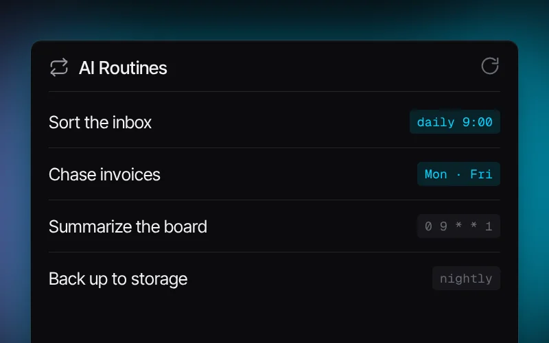 AI routines on a schedule: sort the inbox, chase invoices, summarize the board